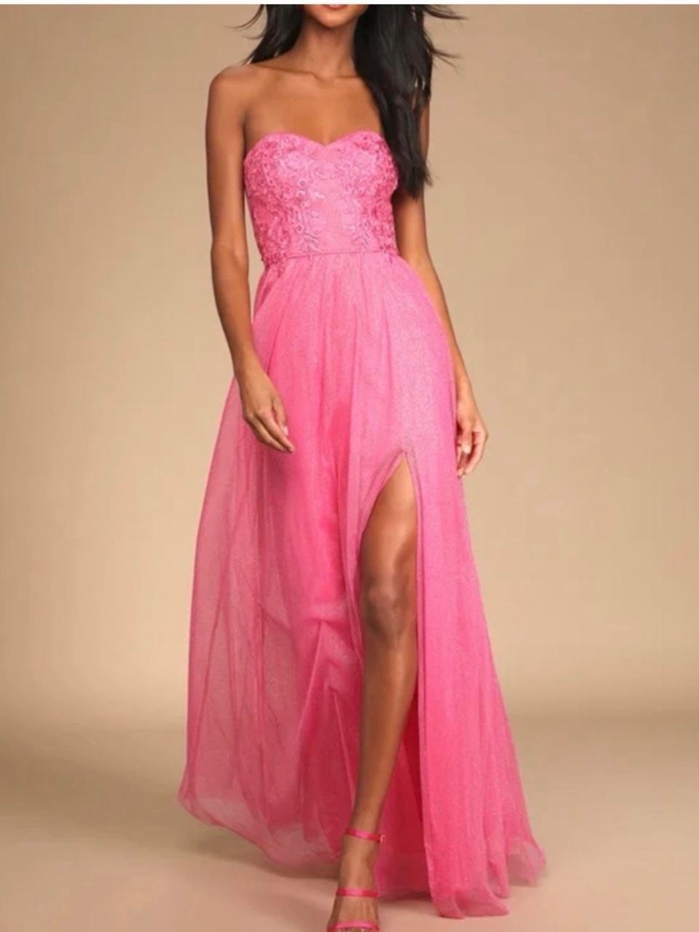 Strapless Pink Lace Bodice Evening Dress with High Slit